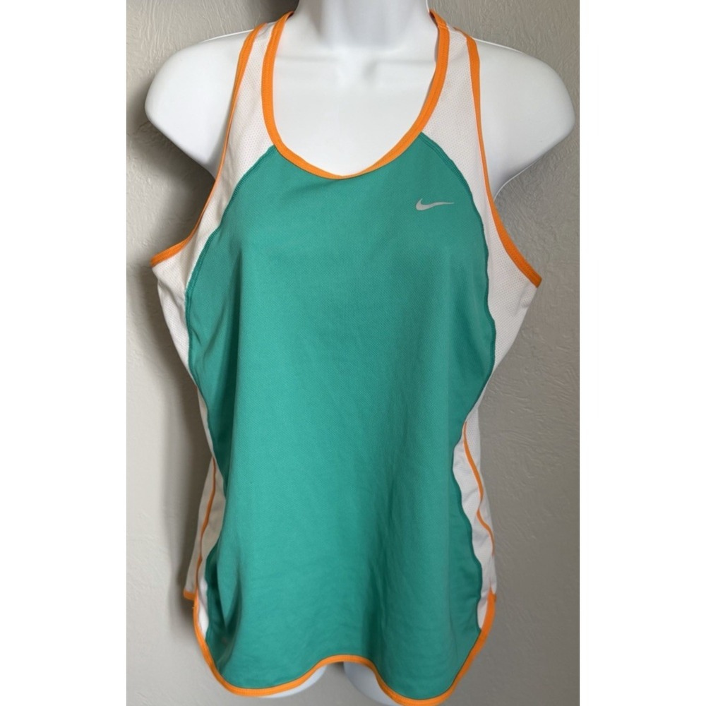 NIke Dri Fit Tank Top Womens Size Large Green Colorblock Swoosh Athletic Stretch